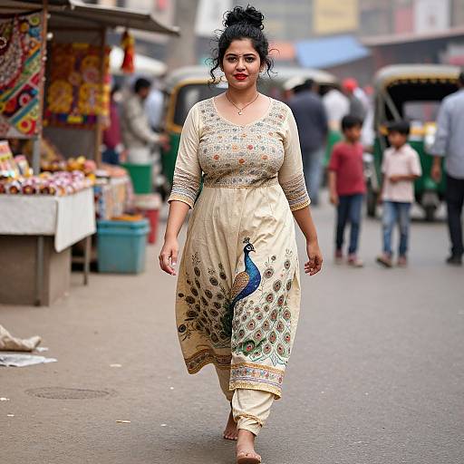 Photograph of a curvy South Asian woman with dark hair in an updo, wearing a cream traditional salwar kameez with peacock embroidery