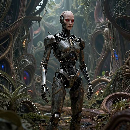 Digital sci-fi artwork: A sleek, metallic android with red eyes stands in a dark, organic, futuristic forest filled with twisted, glowing vegetation.