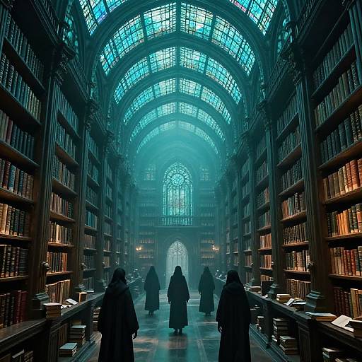 Ethereal Library Beneath Teal Light