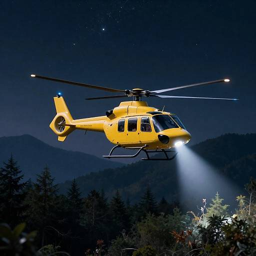 Yellow Helicopter with Spotlight Over Forest