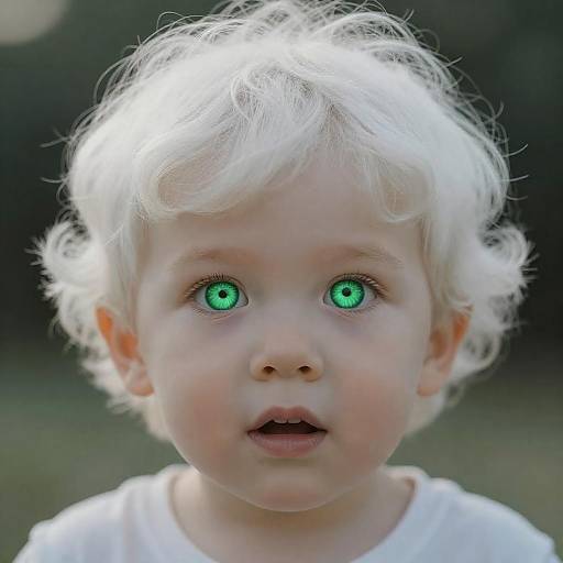 Portrait of Child with Curly White Hair and Glowing Green Eyes