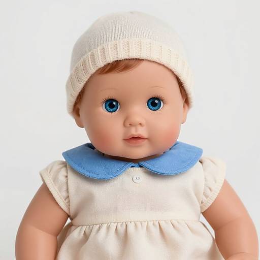 Photograph of a realistic baby doll with blue eyes, white knit hat, blue collar, and white dress against a plain white background.