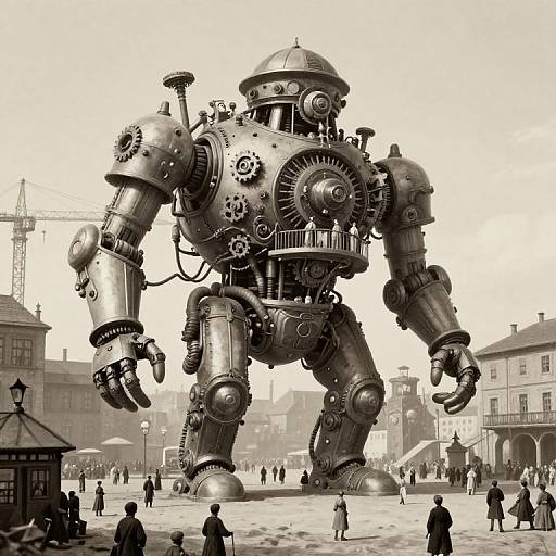 Sepia-toned photograph of a giant, steampunk-style robot with gears, cogs, and metal limbs, standing in a busy town square