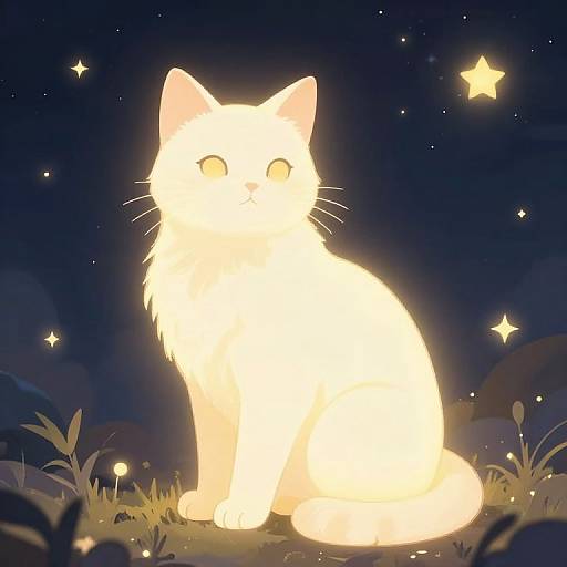 Digital art of a glowing white cat sitting in a dark, starlit night, surrounded by small, twinkling stars and silhouetted grass.