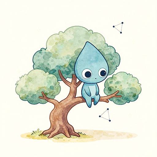 Whimsical Watercolor Alien on Bonsai Tree