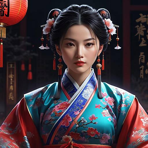 Digital artwork of a beautiful Asian woman in a vibrant blue floral kimono with red accents, traditional hairpins, and red lanterns in the background.