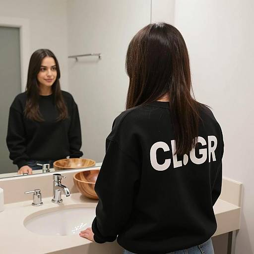 Woman in Black Sweatshirt at Bathroom Sink