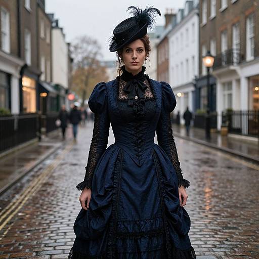 Photograph of a serious young woman in a Victorian-style black lace dress and hat, standing on a wet, cobblestone street in a historic town