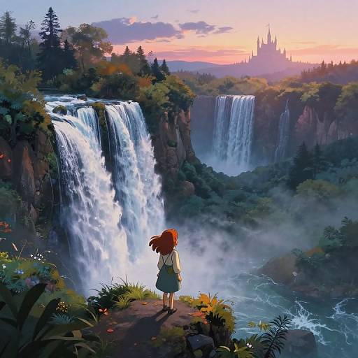 Digital anime-style artwork of a red-haired girl in a green dress standing on a rocky cliff, gazing at twin waterfalls and a misty,