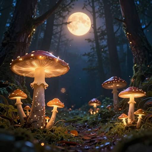 Photograph of a magical forest at night with glowing mushrooms, fairy lights, and a full moon illuminating the dense, dark trees.