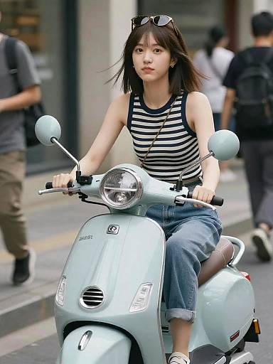 Carefree Brunette Riding Blue Scooter