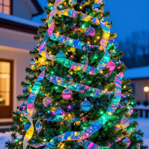 Vibrant, illuminated Christmas tree with colorful lights, multicolored ribbons, and ornaments in front of a snowy, twilight-lit house.