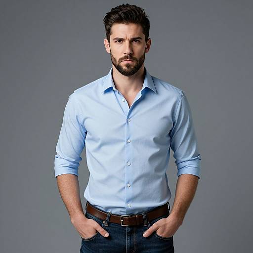 Photograph of a handsome, bearded man with short dark hair, wearing a light blue button-up shirt and dark jeans, standing against a plain grey