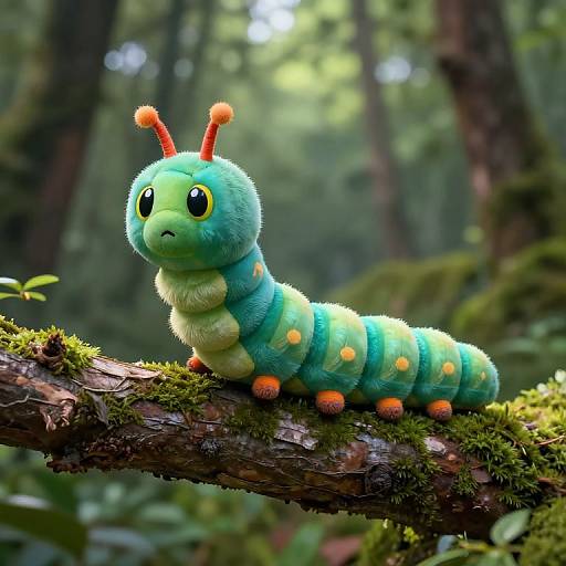 Cute, plush-like, green caterpillar with orange antennae and legs, yellow spots, and large eyes, resting on a mossy tree branch