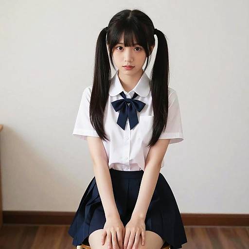 Photograph of an Asian woman with long black pigtails, wearing a white short-sleeve blouse with a black bow and black skirt, sitting