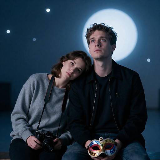 Intimate Blue-Lit Couple Portrait with Mask