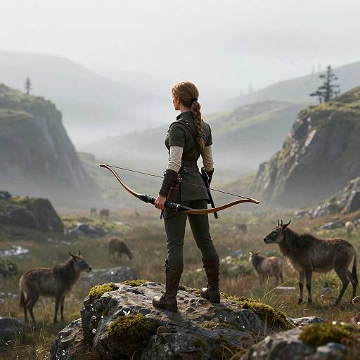 Photorealistic digital artwork: Archer with braided hair, green tunic, stands on mossy rock, drawing bow, surrounded by deer in