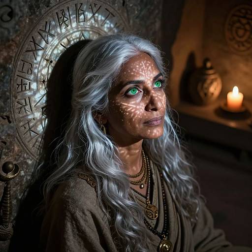 Photograph of a woman with silver hair, green eyes, and dark brown robes, illuminated by candlelight and moonlight patterns on her face, in
