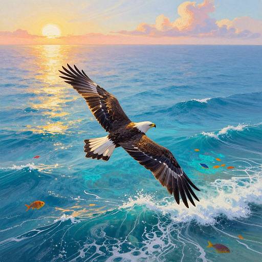 Photograph of a bald eagle soaring over vibrant blue ocean waves with colorful fish, under a sunset sky with orange and pink clouds.