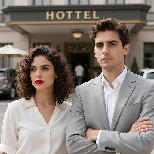 Couple at Hotel Entrance in Daylight