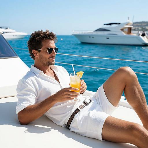 Photograph of a relaxed, dark-haired man in white shirt and shorts, sipping a cocktail on a yacht, with yachts and blue sea in