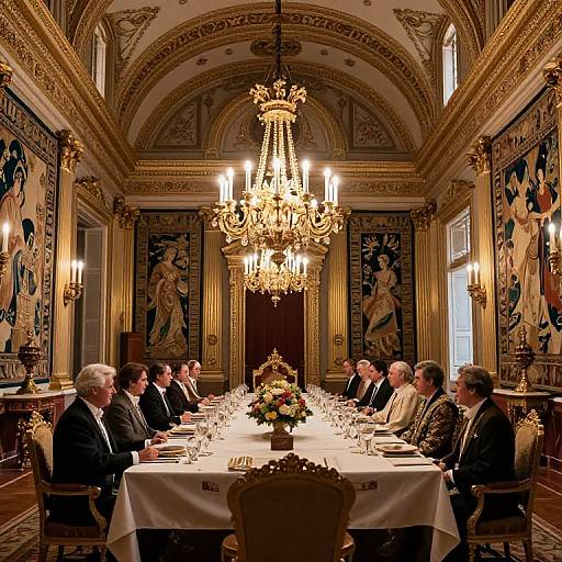 Photograph of a formal diplomatic meeting in an opulent, gold-accented room with a grand chandelier, detailed tapestries, and eleg
