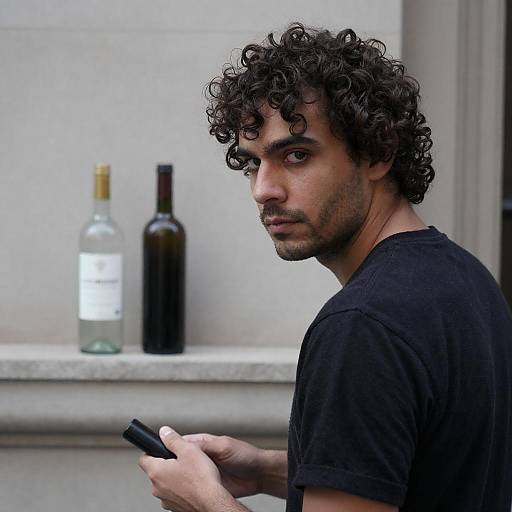 Serious Curly-Haired Man in Black Shirt