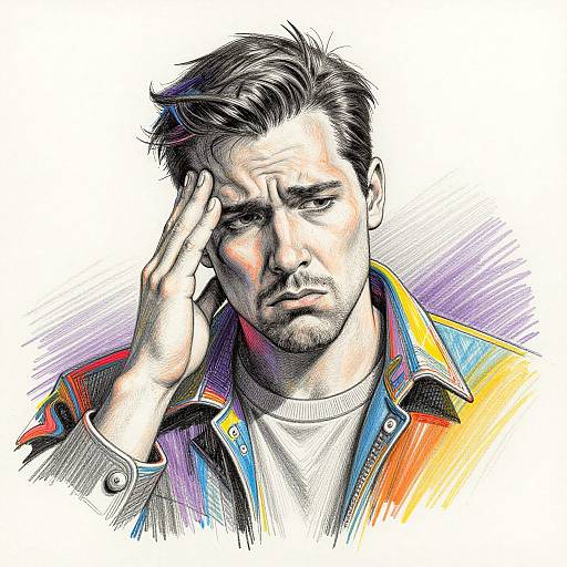 Digital drawing of a distressed, dark-haired man in a colorful jacket, hand on forehead, with a serious expression, white background.