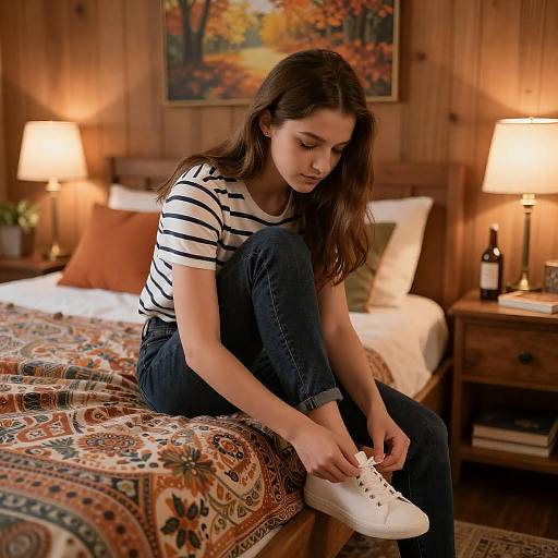 Young Woman Tying Shoelaces on Bed