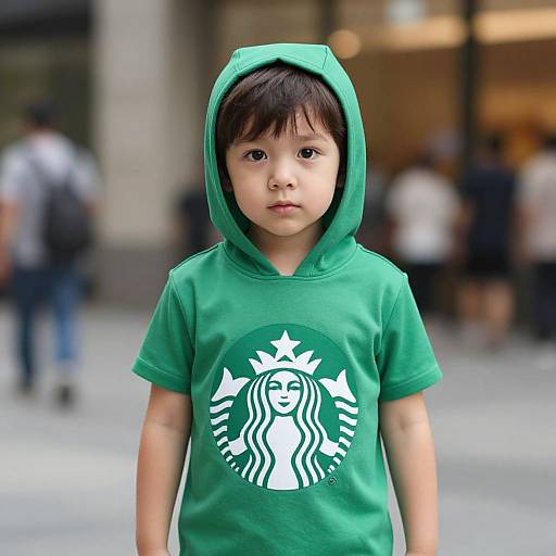 Photograph of a young boy with light brown skin, black hair, and large eyes, wearing a green Starbucks hoodie with the logo, standing in a