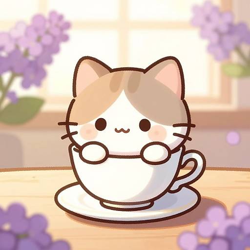 Cute digital illustration of a chibi cat with a white and brown face, sitting in a white teacup on a wooden table, surrounded by
