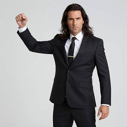 Photograph of a confident, dark-haired man in a black suit and tie, raising his right fist, white background, intense expression.