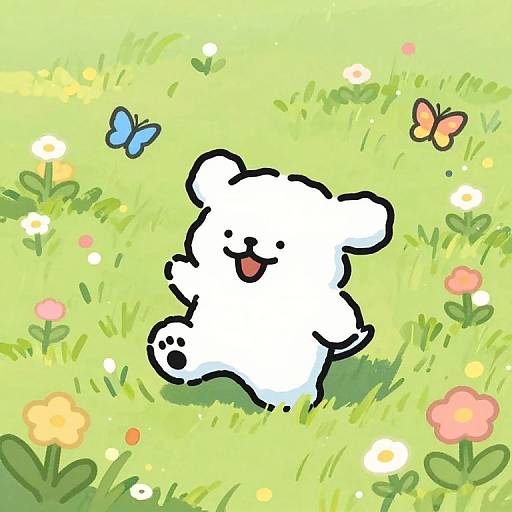 Cute, white, cartoon bear with black outline, smiling with tongue out, dancing in sunny, green meadow with colorful flowers and butterflies. Digital