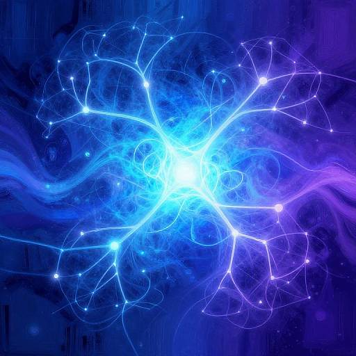 Photograph of a glowing, blue and purple cosmic burst with bright white star-like points and intricate, web-like light trails against a dark, textured background