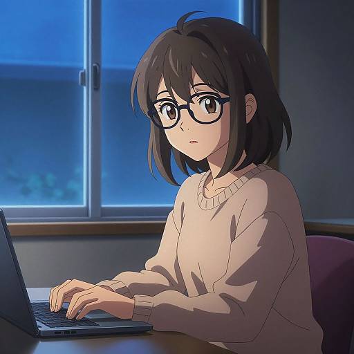 Anime-style digital illustration of a young woman with black hair, glasses, and a beige sweater, typing on a laptop in a dimly lit room with