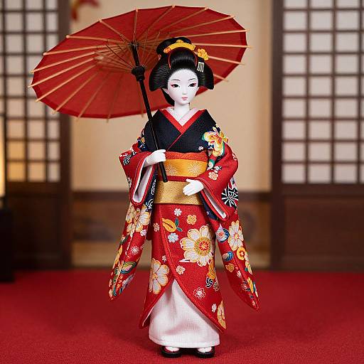 Photograph of a detailed doll in traditional Japanese kimono with red floral patterns, black and orange obi, holding a red umbrella, standing on red