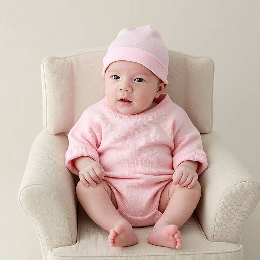 Photograph of a chubby, fair-skinned baby with blue eyes, wearing a pink knit sweater and matching hat, sitting in a cream armchair.
