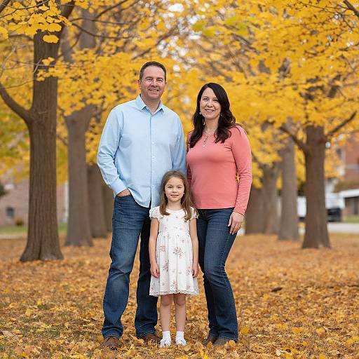 Photograph of a smiling family: father in light blue shirt, dark jeans; mother in pink sweater, blue jeans; daughter in white dress, standing