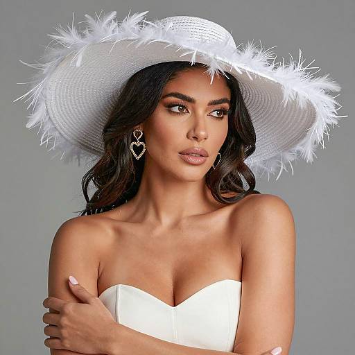 Woman in White Feathered Hat with Heart Earrings