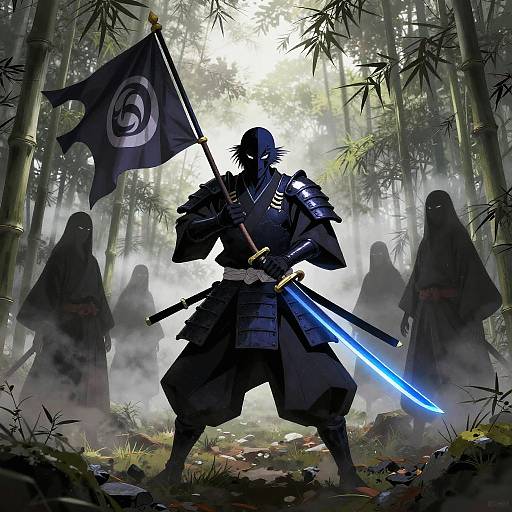 Digital artwork of a samurai in black armor, wielding a glowing blue sword, holding a black flag, surrounded by shadowy figures in a misty