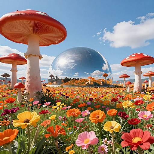 Vibrant photograph of a field filled with colorful poppies, surrounded by large red-capped mushrooms, with a reflective blue glass dome in the background
