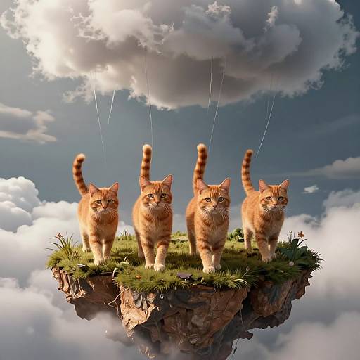 Photograph-style CGI of four orange tabby kittens standing on a grassy, floating cliff with clouds and sunlit sky background.