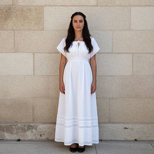 Photograph of a young woman with long black hair, wearing a white, short-sleeved, lace-trimmed dress, standing against a beige