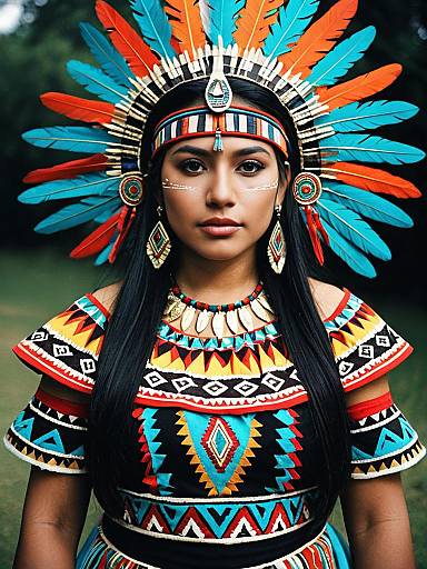 Photograph of a young Indigenous woman with dark skin and straight black hair, wearing a vibrant, multicolored feather headdress and traditional geometric-patterned