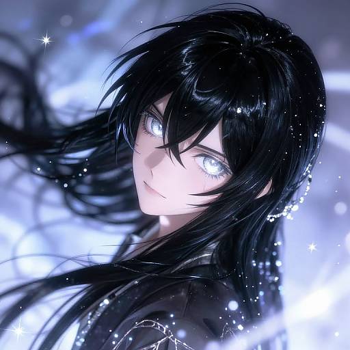 Digital anime-style portrait of a pale-skinned, black-haired girl with glowing white eyes, surrounded by sparkling blue and white light.