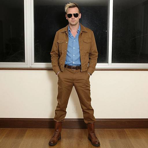 Photograph of a blonde man with short hair, wearing black sunglasses, light blue shirt, brown jacket, and pants, brown boots, standing confidently in