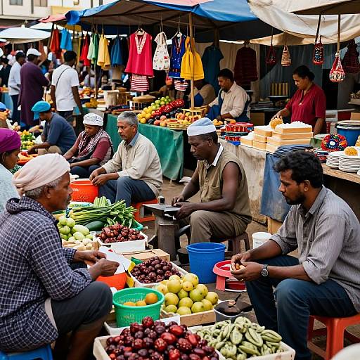 Vibrant outdoor market photograph: diverse men, wearing hats and casual clothes, sit among colorful fruits and vegetables under blue and white tents.