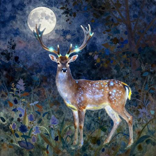 Digital painting of a glowing, antlered deer with luminescent spots, standing in a moonlit, dark blue forest, surrounded by vibrant flowers