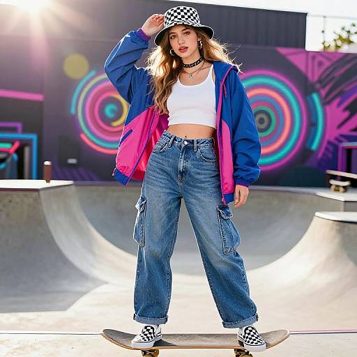 Photograph of a young woman with long brown hair, wearing a checkered hat, blue jacket, pink lining, white crop top, high-wa
