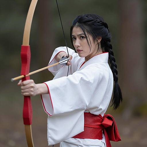 Asian Woman in Traditional Hakama Practicing Archery